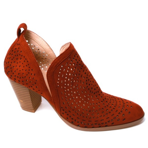 AMS Shoes - Burgundy Suede Perforated Block Heel Bootie